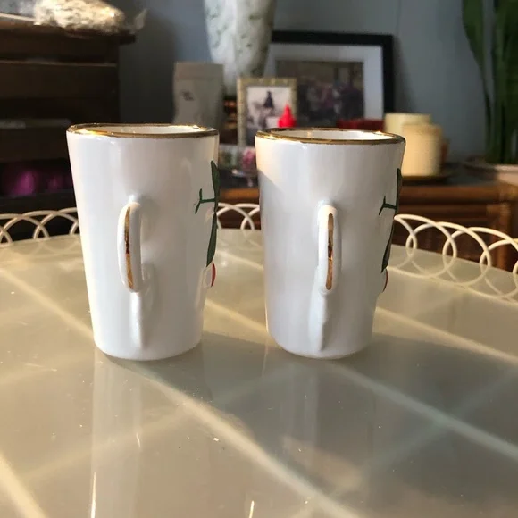 Two Red Cherry Motif Tall Espresso Mugs Cups, Ceramic - Picture 5 of 11